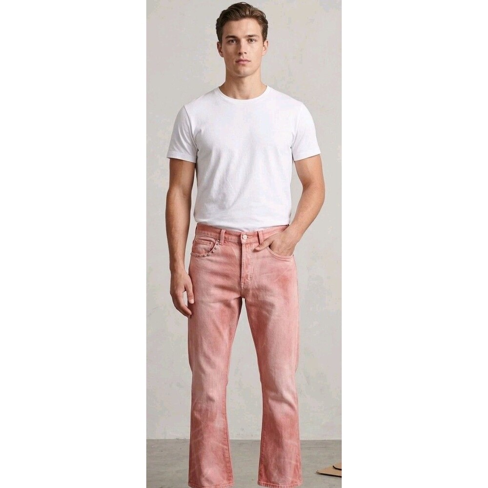 MNML Pink Acid Wash Jeans Flare Leg Button Fly Studded Pocket 29x32" NWT